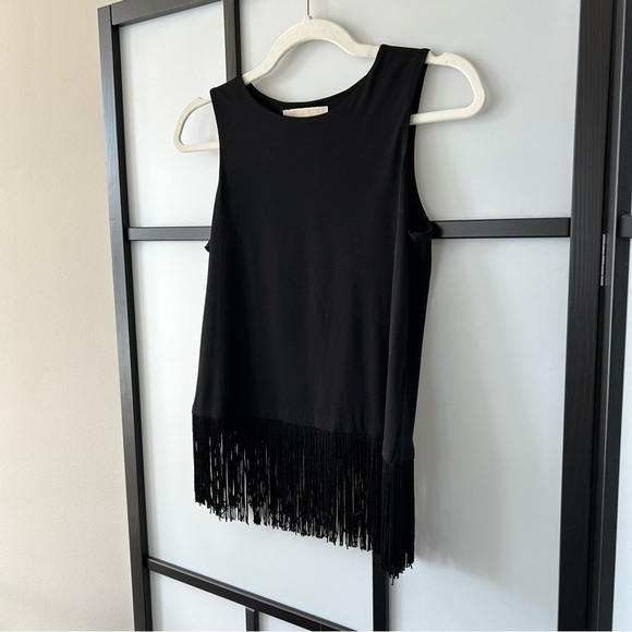 [XS] Michael Kors Black Square Neck Western Fringe Skirt Edge Blouse Tank Top - Picture 2 of 6
